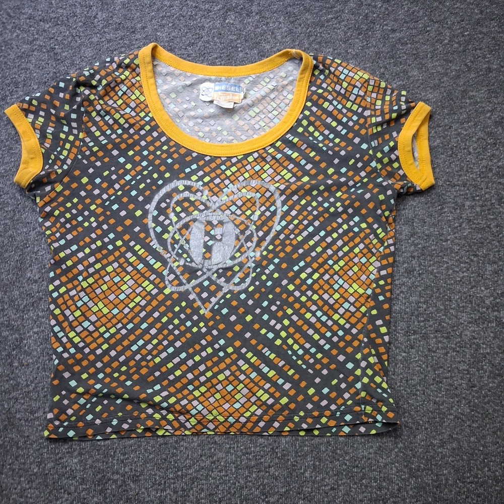 Diesel For Females Vintage Y2K Baby Tee Mosaic Print Heart Graphic Grey Yellow M